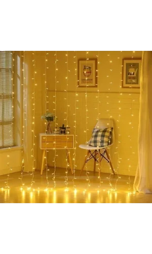 BUFFER® 8 Fonksiyonlu 200 Led 10 Saçak Şerit Led 2x2 Perde İp Led  (Gün Işığı)