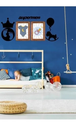 BUFFER® DECO103 Supermen Dekoratif Duvar Süsü Tablo Aksesuar Ahşap Tasarım Hediye Pano Sticker Seti