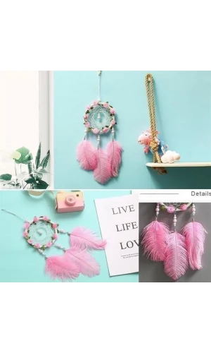 BUFFER® El Yapımı Kuş Tüyü ve Led Işıklı Dekoratif Asma Düş Rüya Kapanı