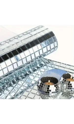 BUFFER® Kare Silver Cam Mozaik Fayans Çıkartmaları El İşi Kare Cam Fayans Kendinden Yapışkanlı Aynalı Dekor Panel 30x30 Cm