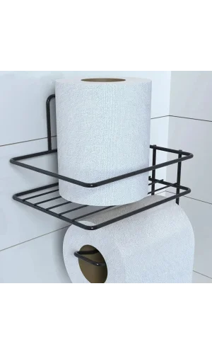 BUFFER® Kendiliğinden Yapışkanlı Tuvalet Kağıdı Tutacağı ve Yedek Raf - Siyah Modern Metal Tasarım