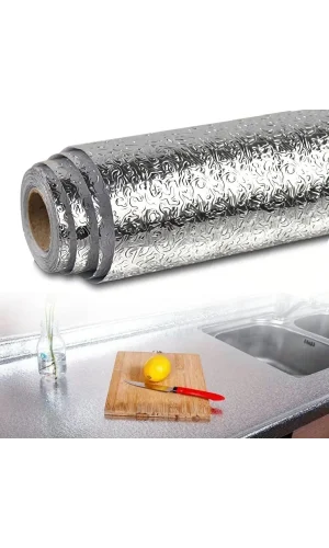 BUFFER® Rulo Gümüş Alüminyum Folyo Duvar Kağıdı, Kendinden Yapışkanlı Raf İçi, Su Geçirmez Folyo  2 mt x 60 cm