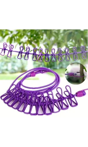 BUFFER® Taşınabilir Seyahat Çamaşır İpi 12 Mandallı Klipsli Lastikli Çamaşır Mandalları