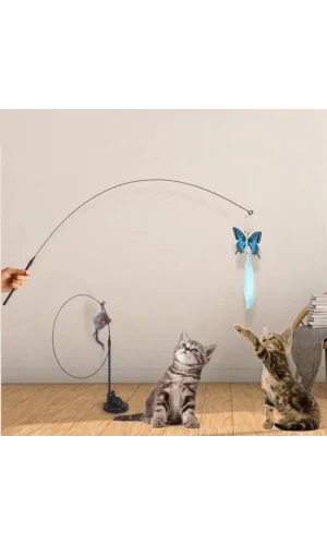 BUFFER® Vantuzlu Tüylü Zilli Olta Kedi Oyuncağı 2 Oltalı