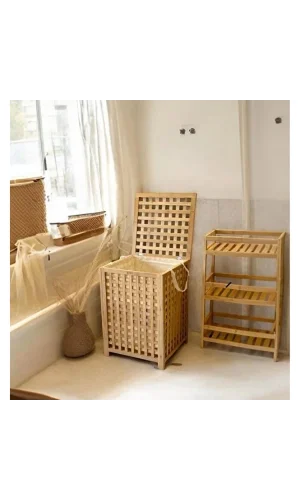 Büyük Boy Ahşap Bambu Kirli Sepeti 45x45x62