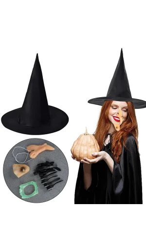 Cadı Kostüm Seti - Cadı Şapkası, Cadı Tırnakları, Cadı Burnu, Cadı Çenesi, Cadı Dişi