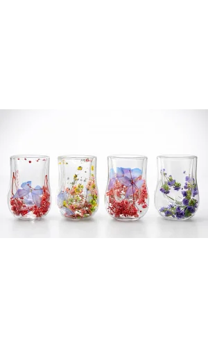 Çift Camlı Çiçekli Su Bardağı