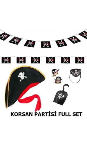 Çocuk Korsan Şapkası + Kancası + Göz Bandı + 2 Adet Yüzük + Afiş Seti