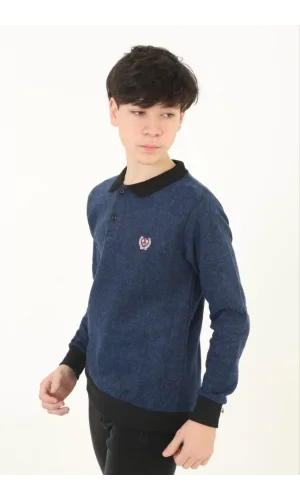 Çocuk Selanik Yaka Nakışlı Kazak - Lacivert