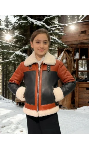 Çocuk Yakalı Parçalı Kürk - Kiremit