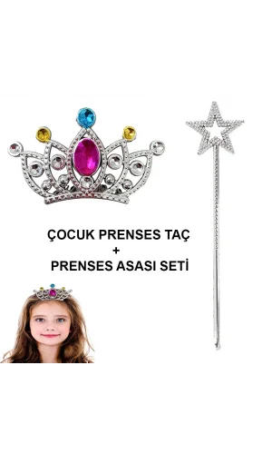 Çocuklar İçin Taraklı Prenses Tacı ve Prenses Yıldız Asa Seti Gümüş