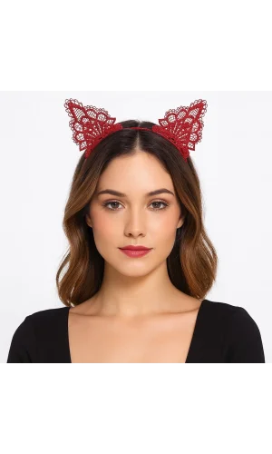 Dantelli Kırmızı Kedi Tacı - Vintage Tarz Dantel Kedi Kulak