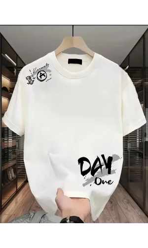 Day One Baskılı Oversize Bisiklet Yaka T-shirt - Beyaz