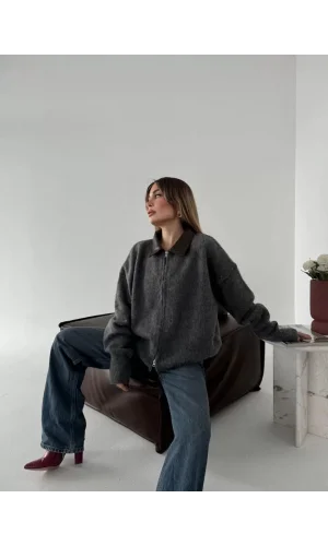 Deri Yakalı Pamuk dokulu Çift Taraflı Çalışan Fermuar Ceket - Füme