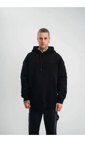 Double Oversize Kapşonlu Nakışlı SweatShirt - Siyah