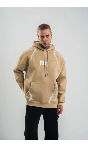 Double Oversize Kapşonlu Şimşek Pano Baskılı SweatShirt - Bej