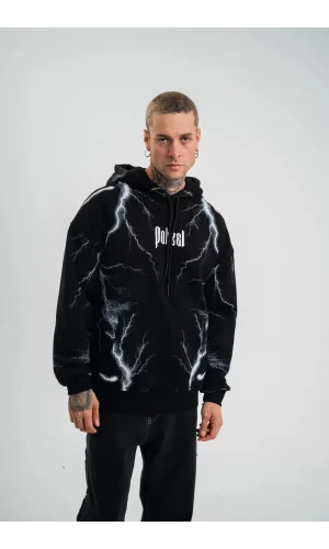 Double Oversize Kapşonlu Şimşek Pano Baskılı SweatShirt - Siyah