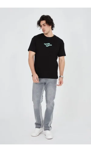Erkek Baskılı 24/1 Penye T-Shirt - Siyah