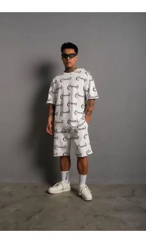 Erkek Baskılı İkili Şortlu Takım - Beyaz