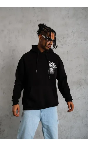 Erkek Baskılı Kapşonlu Sweat - Siyah