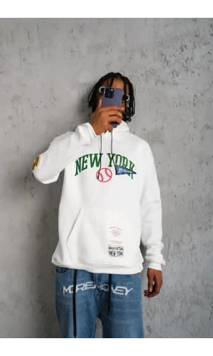 Erkek Baskılı Kapüşonlu Sweatshirt - Beyaz