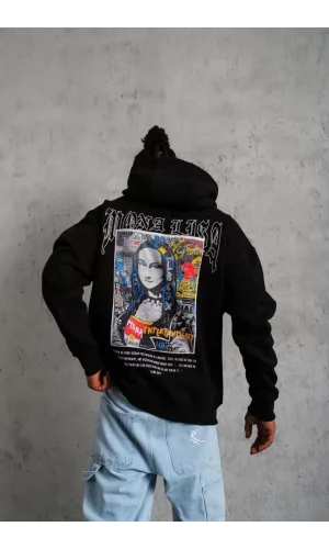 Erkek Baskılı Kapüşonlu ve Kanguru Cepli Sweat - Siyah