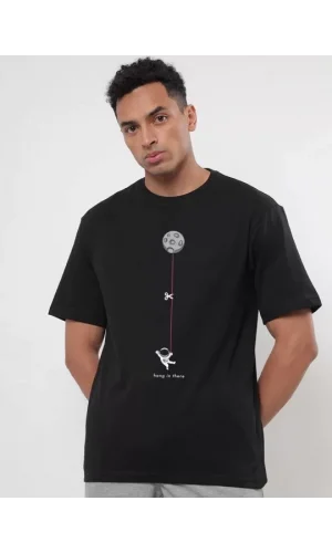 Erkek Baskılı Oversize T-shirt - Siyah