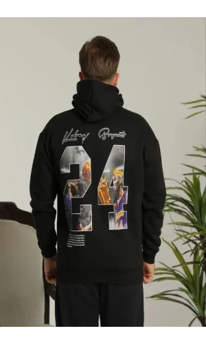 Erkek Baskılı Oversize Üç İplik Kapüşonlu Sweatshirt - Siyah