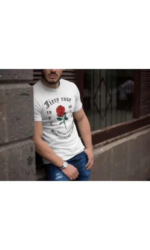 Erkek Bisiklet Yaka Baskılı Oversize T-Shirt - Beyaz