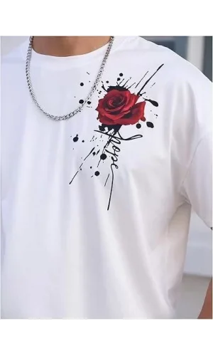 Erkek Bisiklet Yaka Kısa Kol Baskılı T-shirt - Beyaz