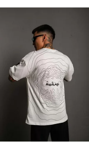 Erkek Bisiklet Yakalı Sırt Baskılı Oversize T-Shirt - Beyaz