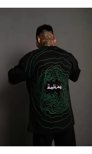 Erkek Bisiklet Yakalı Sırt Baskılı Oversize T-Shirt - Siyah