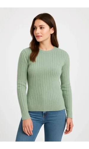 Erkek Bisiklet Yuvarlak Yaka Triko Kazak Pamuklu Kalın Fitilli Dokuma, Regular Fit Uzun Kollu Kışlık Model - Mint Yeşili