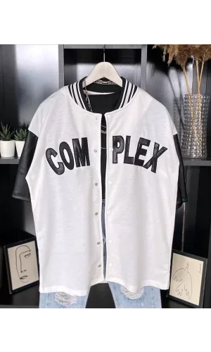 Erkek Complex Kolları Deri Kolej Oversize T-Shirt - Beyaz