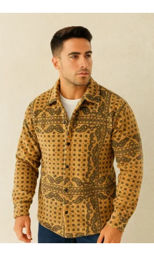 Erkek Desenli Düğmeli Polar Gömlek – Hardal Paisley Desen Yakalı, Uzun Kollu, Oversize Rahat Kalıp - Sarı