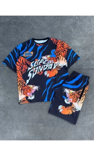 Erkek Dijital Baskılı Şortlu Takım - Mavi