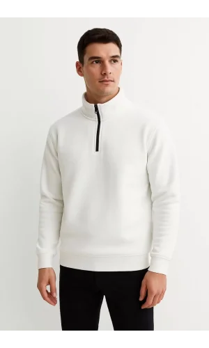 Erkek Dik Yaka Sweatshirt Dik Yaka Yarım Fermuarlı 3 İplik Şardonlu Pamuk Kumaş - Beyaz