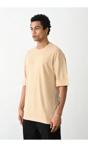 Erkek Düz Basic Bisiklet Yaka Kısa kol T-Shirt - Bej