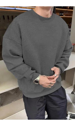 Erkek Düz Bisiklet Yaka Sweat - Füme