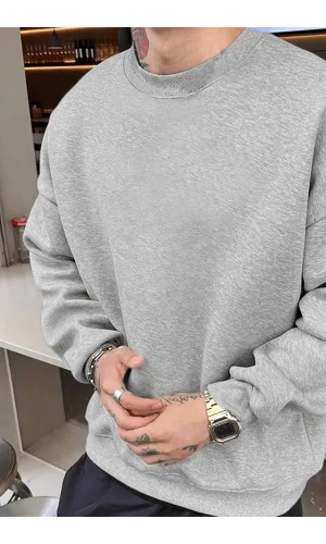 Erkek Düz Bisiklet Yaka Sweat - Gri