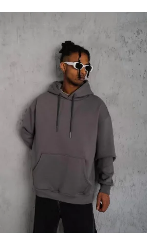 Erkek Düz Kapüşonlu Sweat - Gri