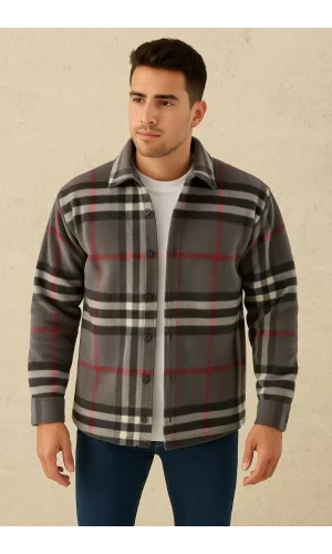 Erkek Ekose Desenli Düğmeli Polar Yakalı Uzun Kollu Gömlek Oversize Rahat Kalıp - Füme