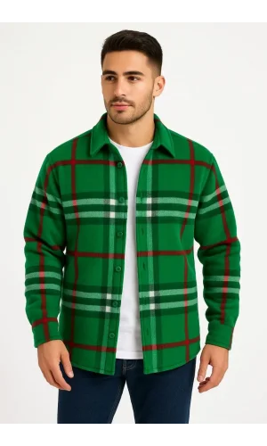 Erkek Ekose Desenli Düğmeli Polar Yakalı Uzun Kollu Gömlek Oversize Rahat Kalıp - Yeşil