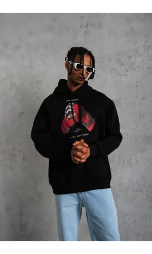 Erkek Eldiven Baskılı Kapüşonlu Sweat - Siyah