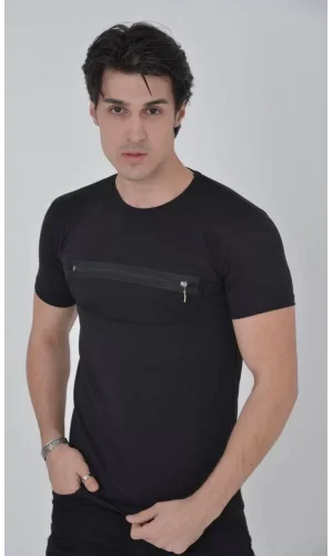Erkek Göğüste Fermuar Aksesuarlı Dar Kalıp T-Shirt - Siyah