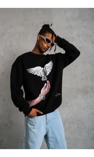 Erkek Güvercin Baskılı Sweatshirt - Siyah
