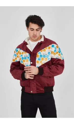 Erkek İçi Astarlı İçten Yaka Kısmı Peluşlu Beyaz Şeritli Vintage Ceket - Mürdüm