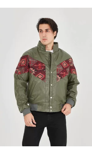 Erkek İçi Astarlı İçten Yaka Kısmı Peluşlu Suni Kumaş Vintage Ceket - Haki