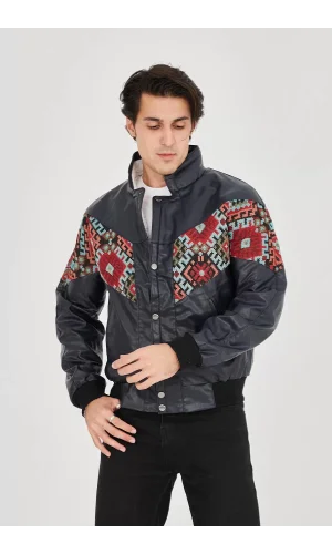 Erkek İçi Astarlı İçten Yaka Kısmı Peluşlu Suni Kumaş Vintage Ceket - Lacivert