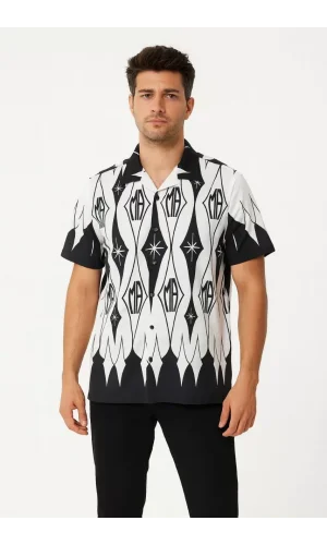 Erkek İki İplik Kumaş Dijital Baskılı Gömlek - Siyah